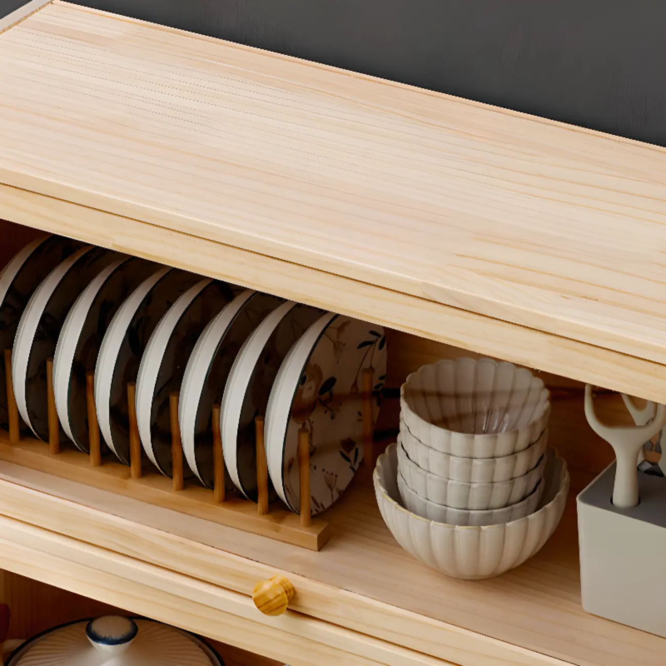 Kitchen Natural Wooden Multi-Shelf China Cabinet Image - 11 | homeyfad