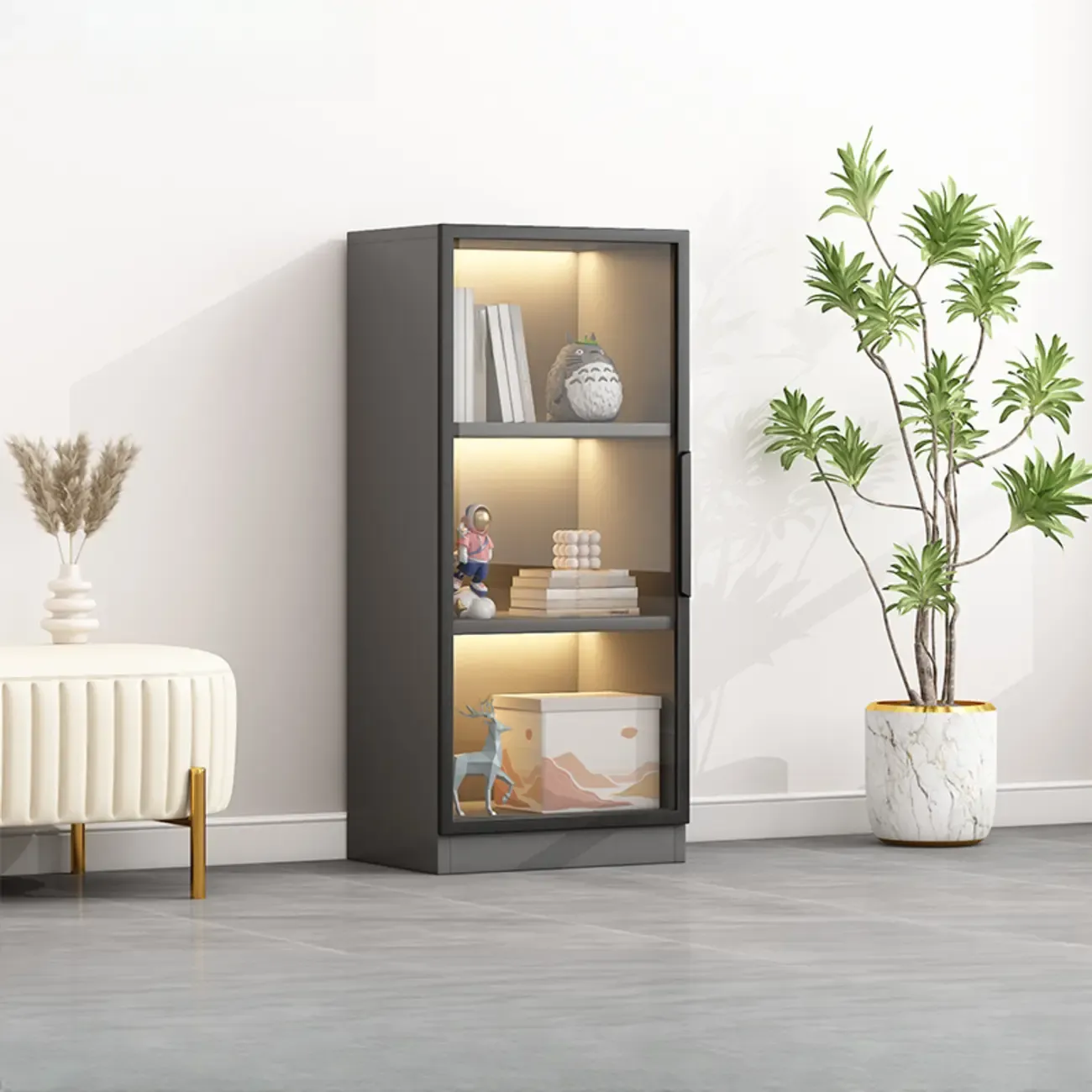 Simple Glass Wood Lighted Display Cabinet for Collections Image - 5