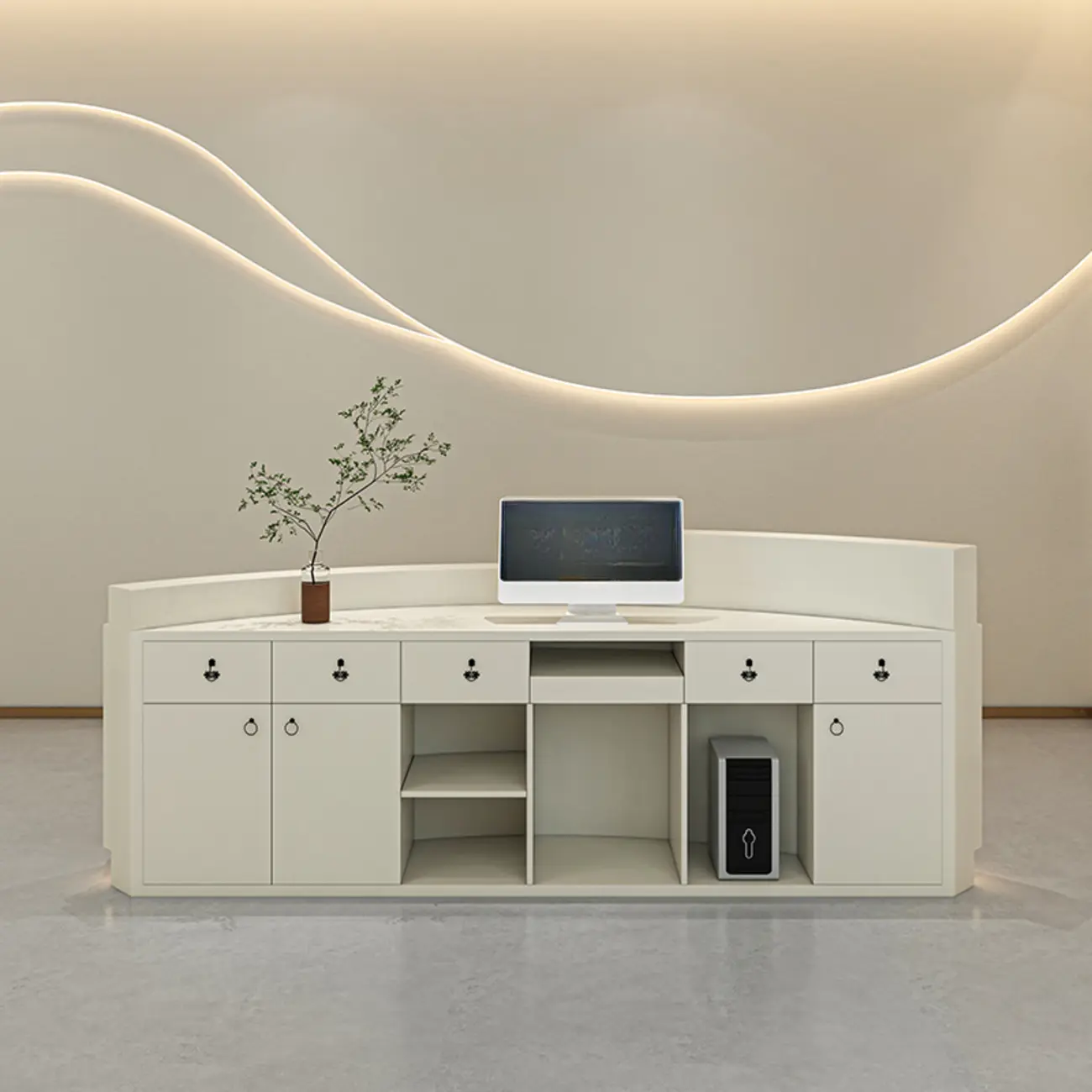 Contemporary Off-White Curved Reception Desk with Storage Image - 2 | homeyfad