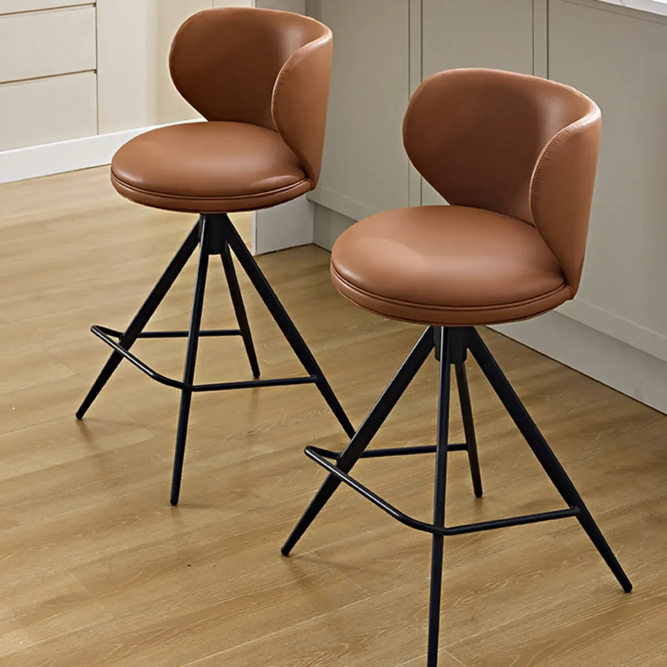 Modern Round Leather Swivel Counter Stools for Kitchen Island Image - 3