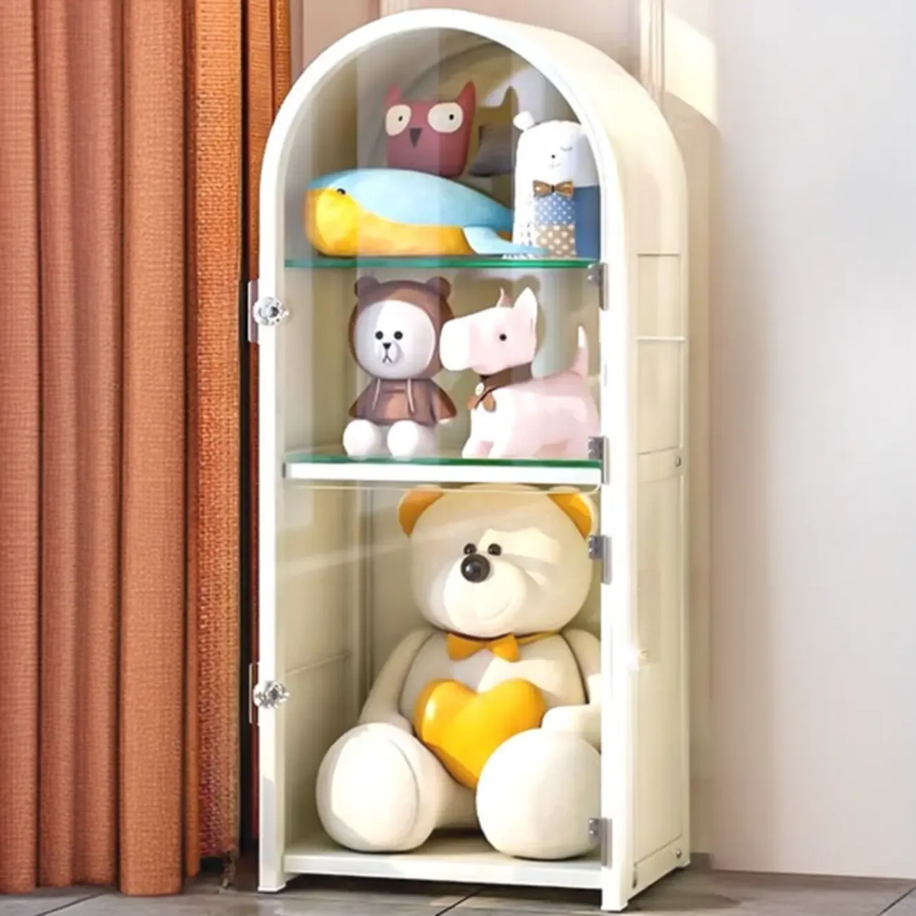 Narrow Adjustable White Metal Glass Corner Display Cabinet | HomeyFad