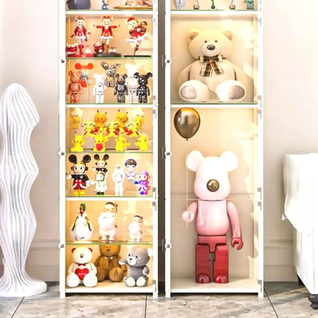 Narrow Adjustable White Metal Glass Corner Display Cabinet Image - 2