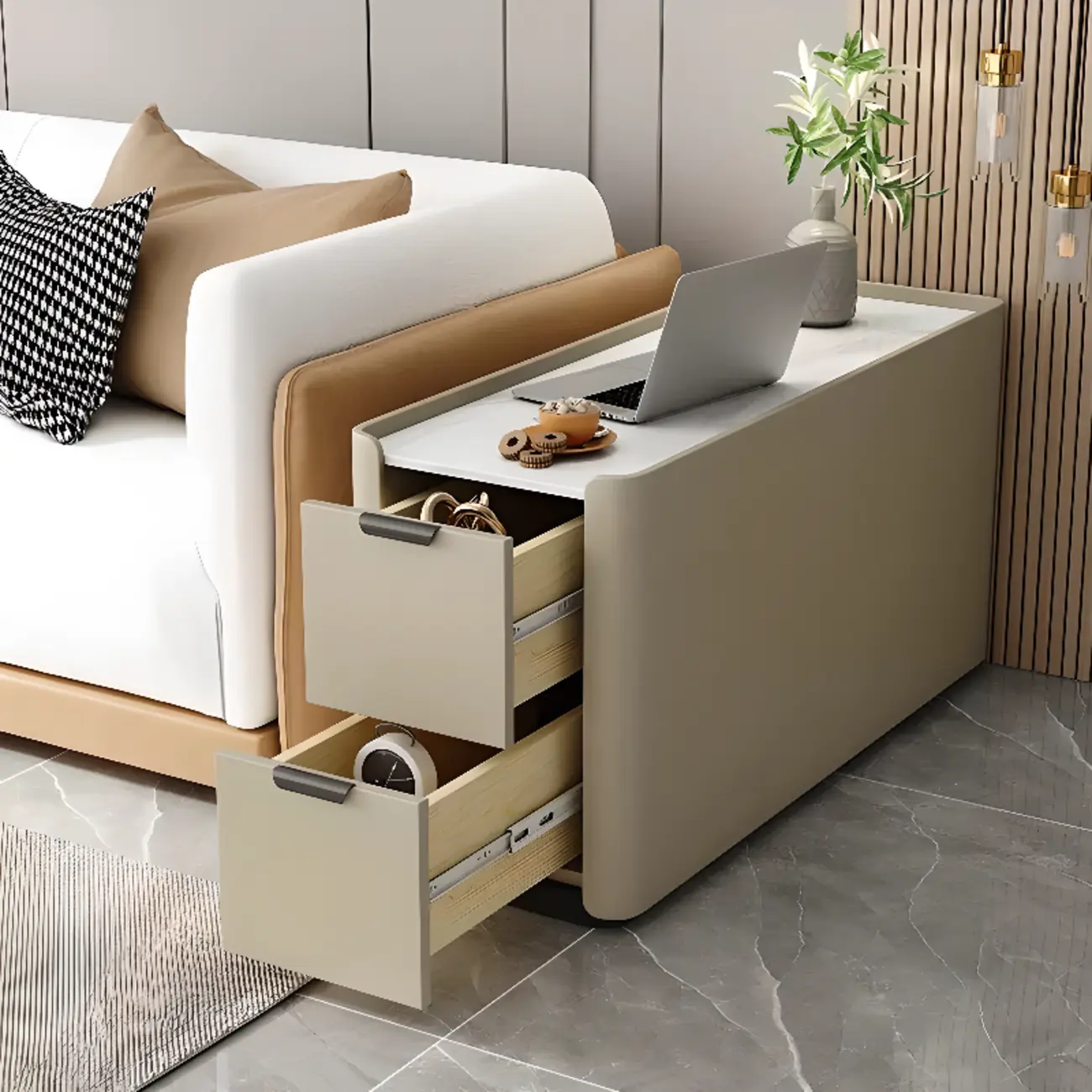 Compact Khaki Stone Top 2-Drawer Wood Block Side Table Image - 1 | homeyfad