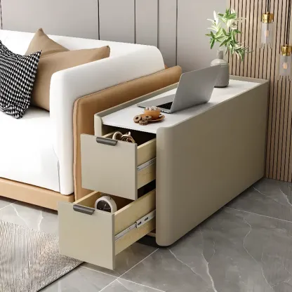 Compact Khaki Stone Top 2-Drawer Wood Block Side Table Image - 1