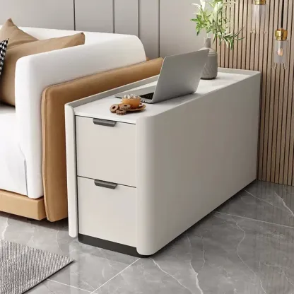 Compact Khaki Stone Top 2-Drawer Wood Block Side Table Image - 2