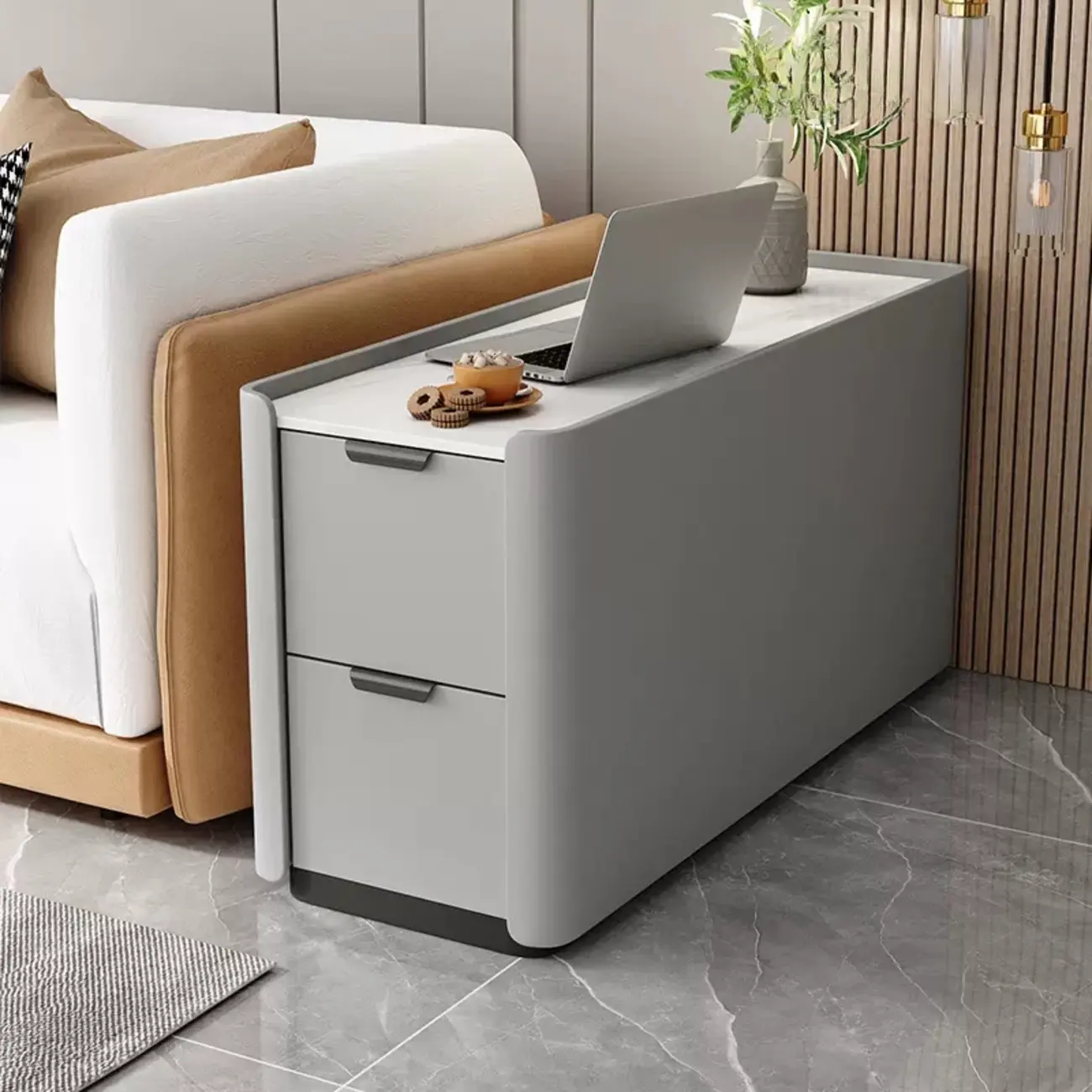 Compact Khaki Stone Top 2-Drawer Wood Block Side Table Image - 3 | homeyfad