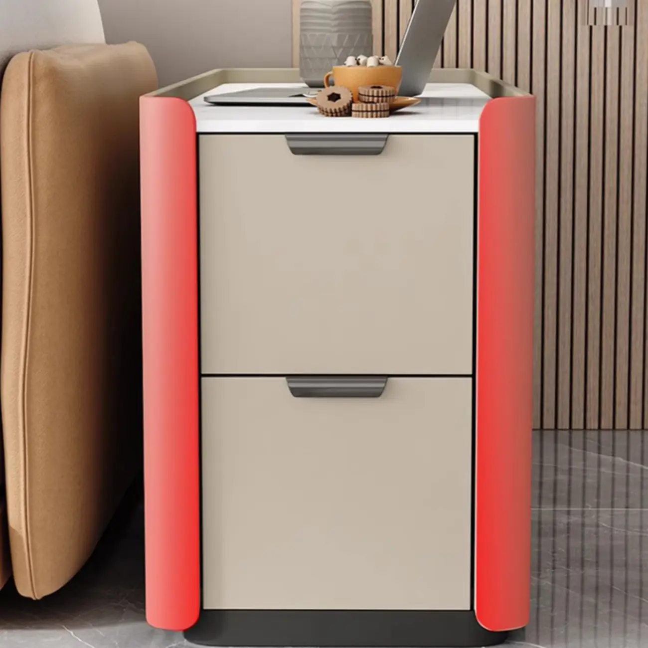 Compact Khaki Stone Top 2-Drawer Wood Block Side Table Image - 10 | homeyfad