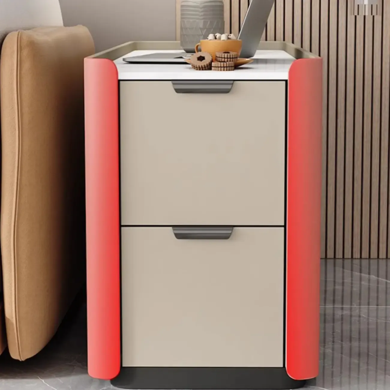 Compact Khaki Stone Top 2-Drawer Wood Block Side Table Image - 10