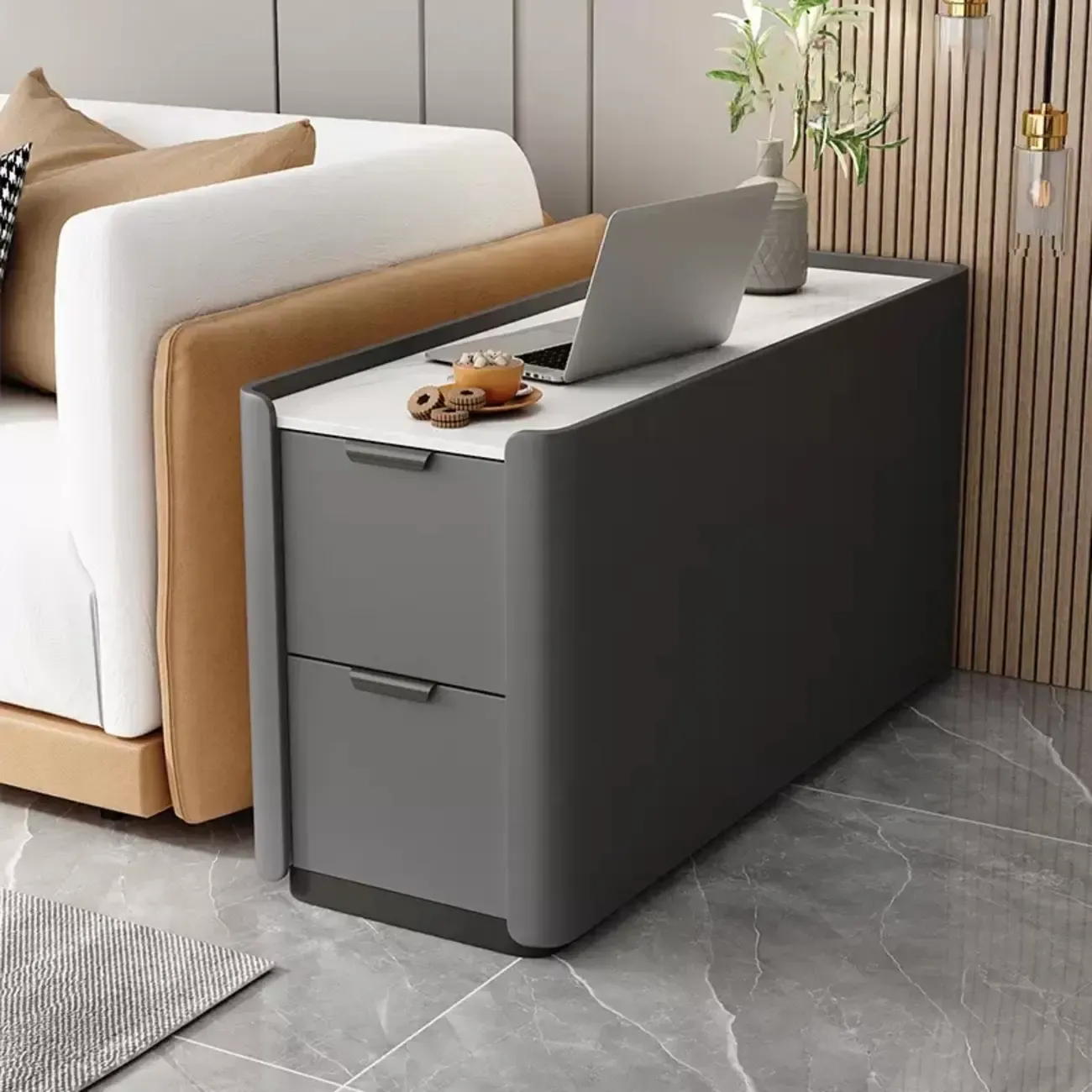 Compact Khaki Stone Top 2-Drawer Wood Block Side Table Image - 6