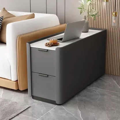 Compact Khaki Stone Top 2-Drawer Wood Block Side Table Image - 6