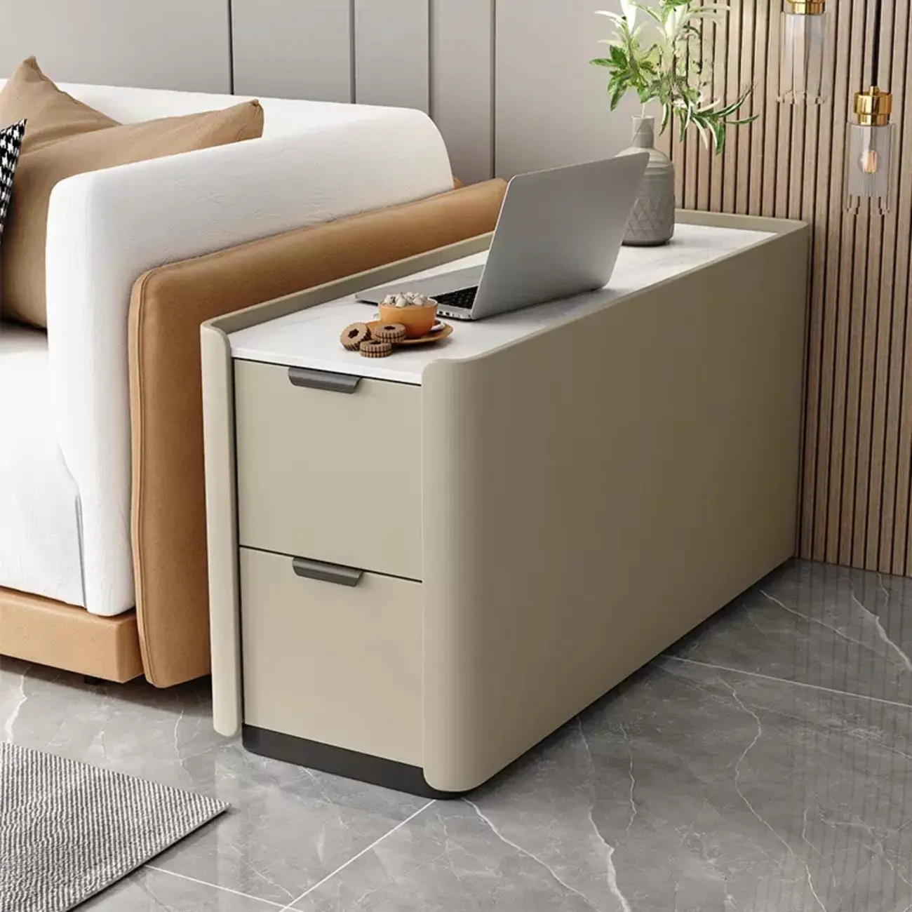 Compact Khaki Stone Top 2-Drawer Wood Block Side Table Image - 8 | homeyfad