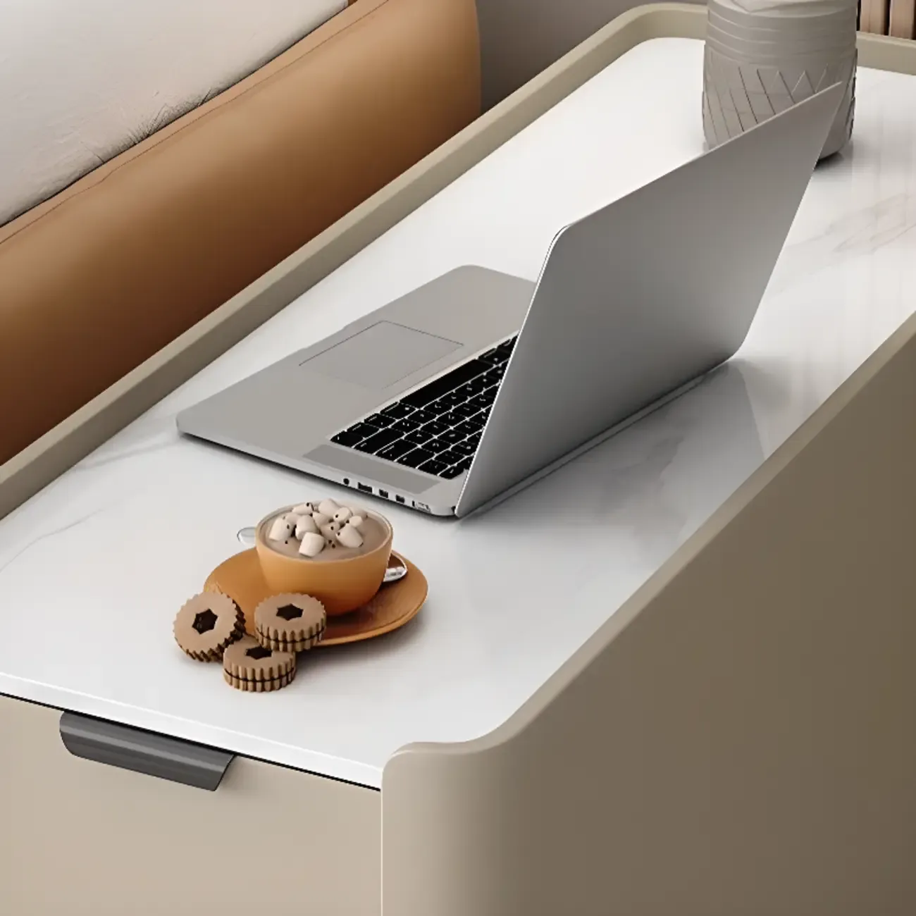 Compact Khaki Stone Top 2-Drawer Wood Block Side Table Image - 12