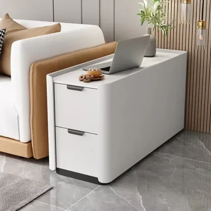 Compact Khaki Stone Top 2-Drawer Wood Block Side Table Image - 9