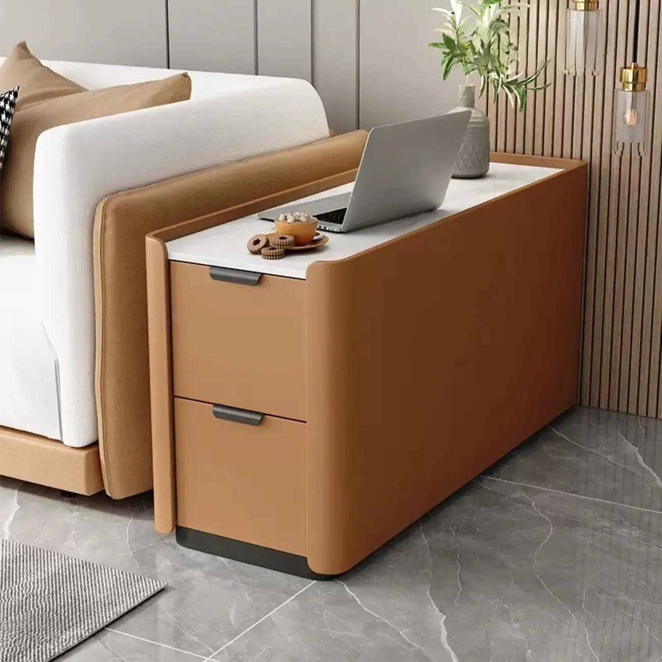 Compact Khaki Stone Top 2-Drawer Wood Block Side Table Image - 5