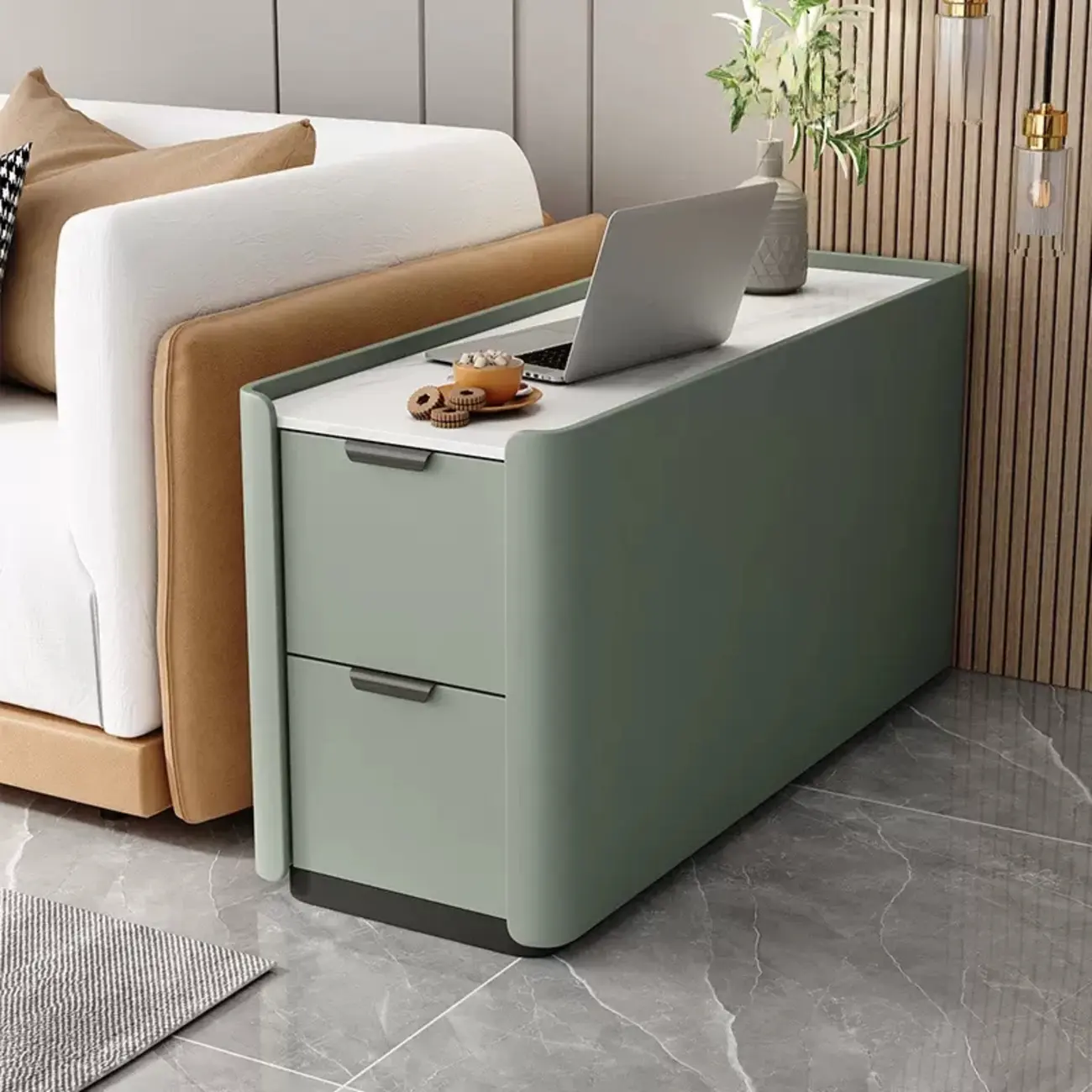 Compact Khaki Stone Top 2-Drawer Wood Block Side Table Image - 7 | homeyfad