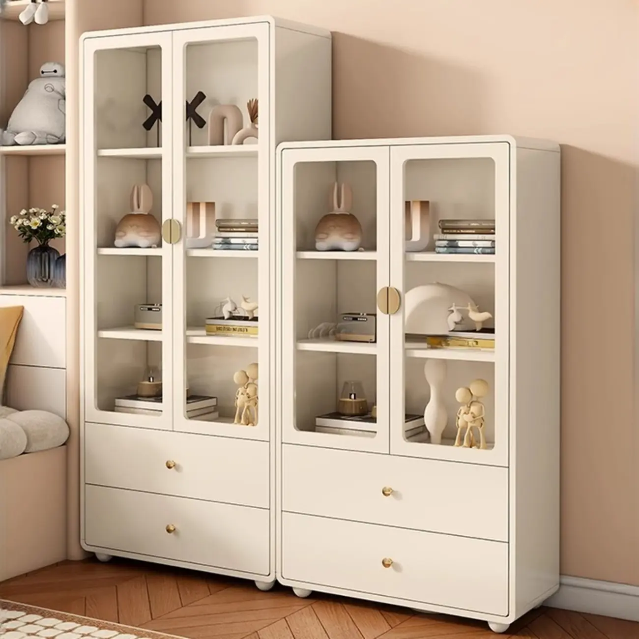 Spacious 2 Drawers White Glass Door Wood Bookshelves Image - 2 | homeyfad