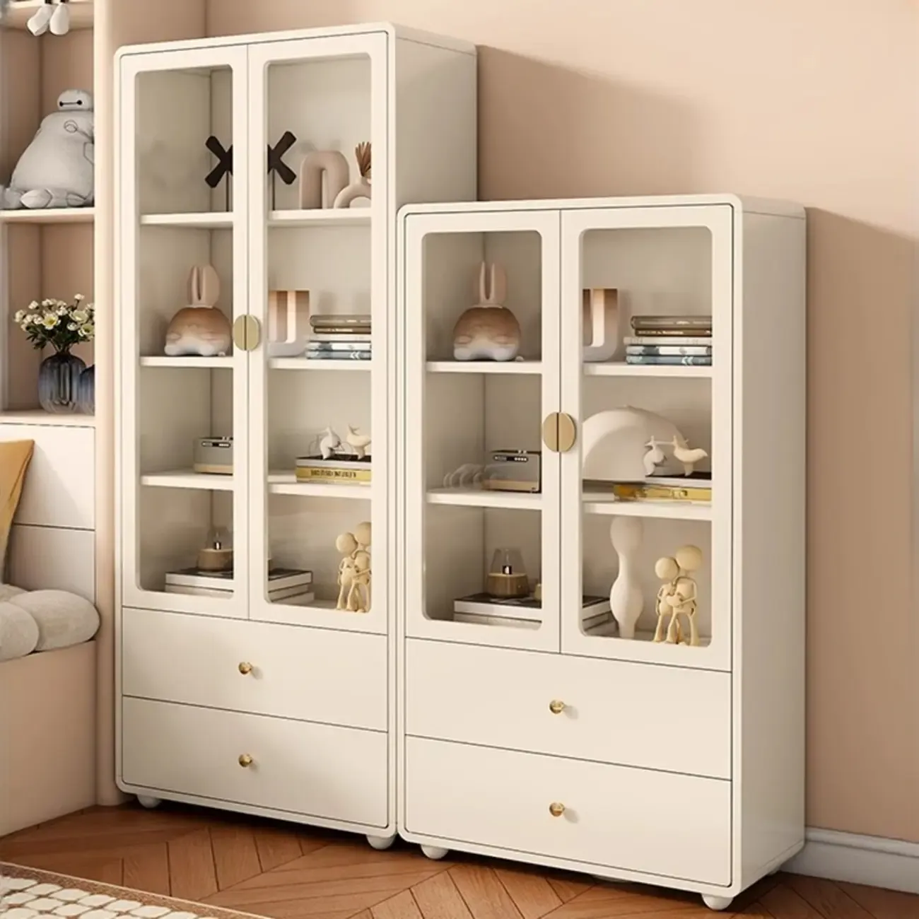 Spacious 2 Drawers White Glass Door Wood Bookshelves Image - 2