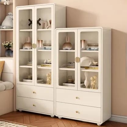 Spacious 2 Drawers White Glass Door Wood Bookshelves Image - 2