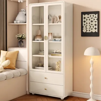 Spacious 2 Drawers White Glass Door Wood Bookshelves Image - 10