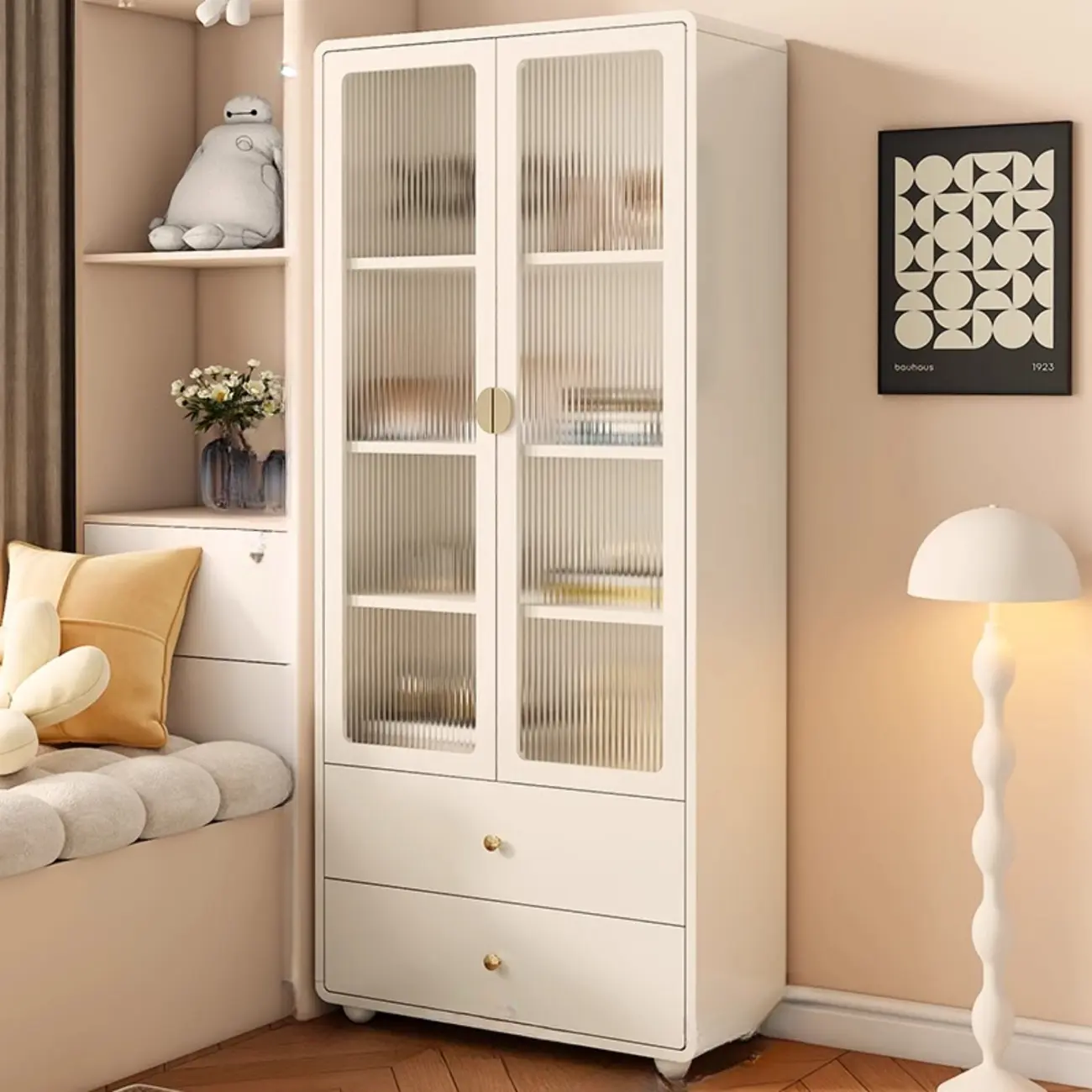 Spacious 2 Drawers White Glass Door Wood Bookshelves Image - 9 | homeyfad