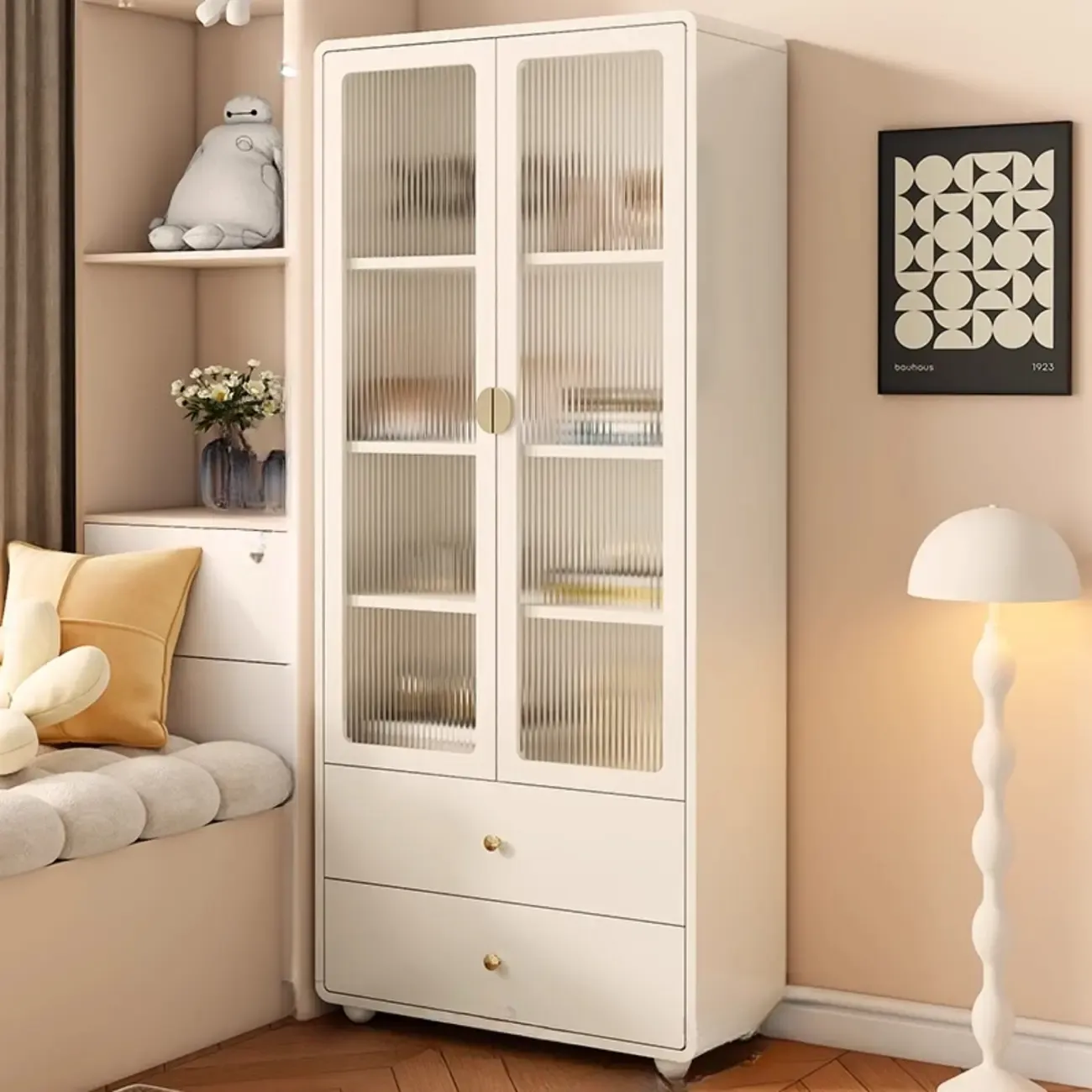 Spacious 2 Drawers White Glass Door Wood Bookshelves Image - 9