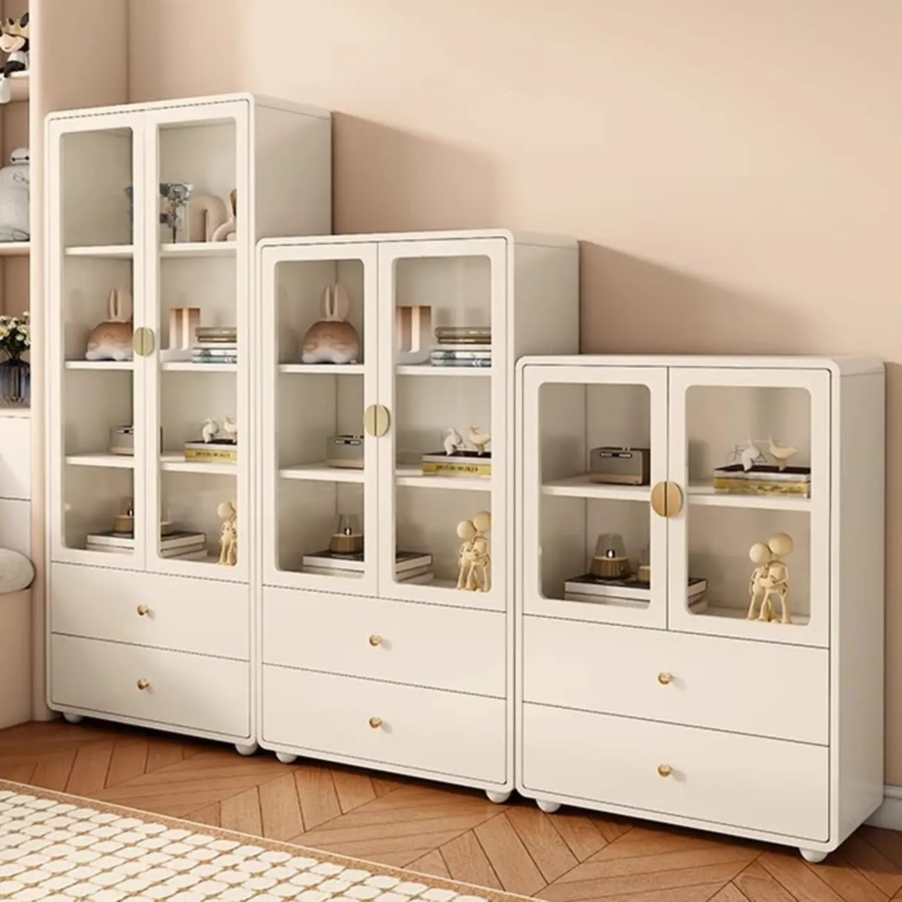 Spacious 2 Drawers White Glass Door Wood Bookshelves Image - 1 | homeyfad