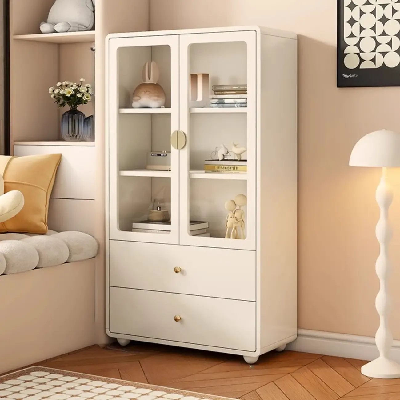 Spacious 2 Drawers White Glass Door Wood Bookshelves Image - 8