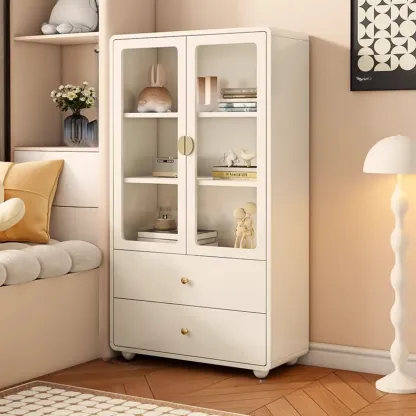 Spacious 2 Drawers White Glass Door Wood Bookshelves Image - 8