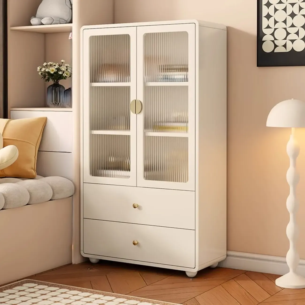 Spacious 2 Drawers White Glass Door Wood Bookshelves Image - 7