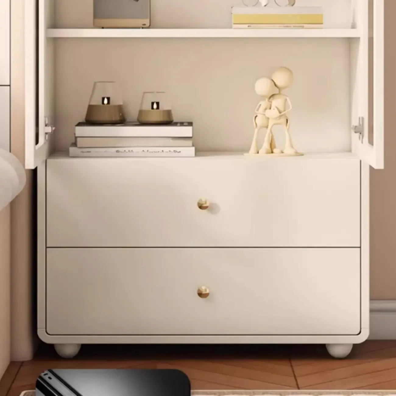 Spacious 2 Drawers White Glass Door Wood Bookshelves Image - 4