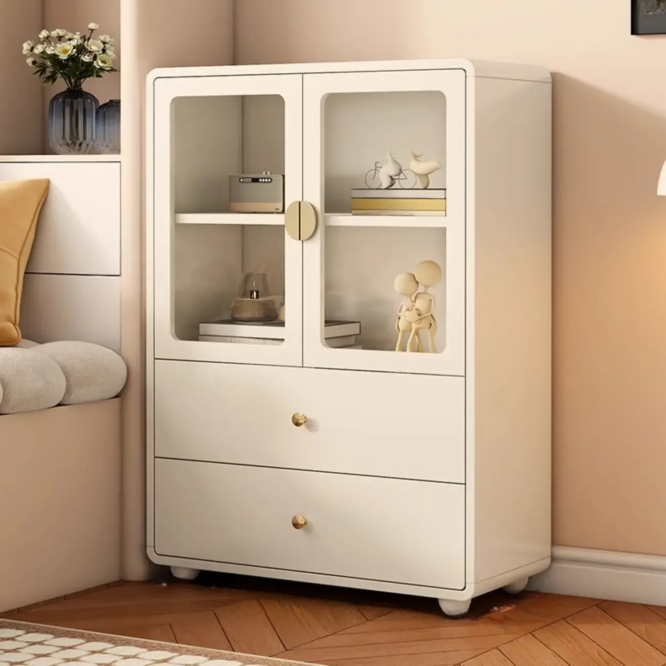 Spacious 2 Drawers White Glass Door Wood Bookshelves Image - 5