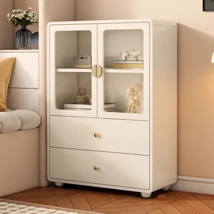 Spacious 2 Drawers White Glass Door Wood Bookshelves Image - 5