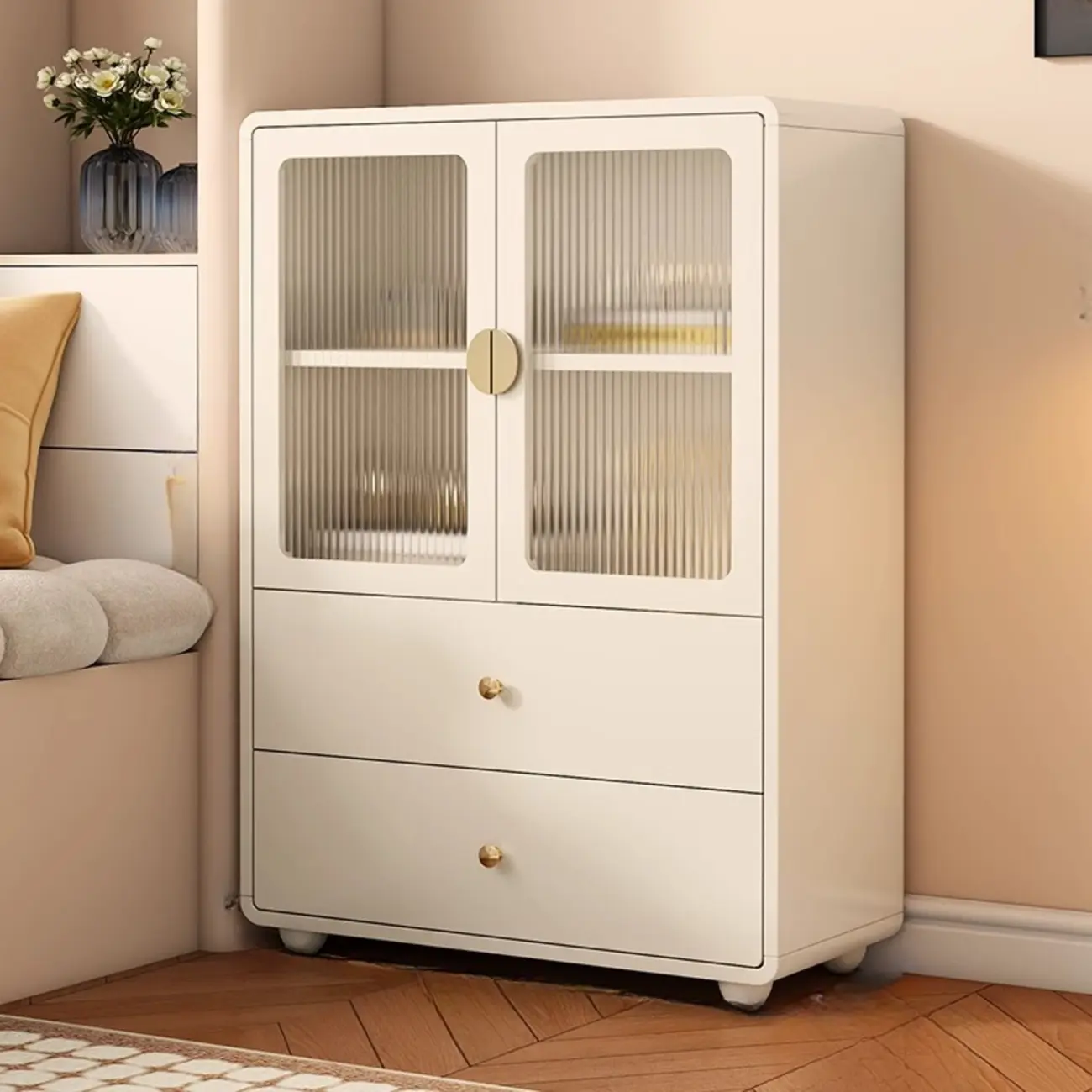 Spacious 2 Drawers White Glass Door Wood Bookshelves Image - 6 | homeyfad