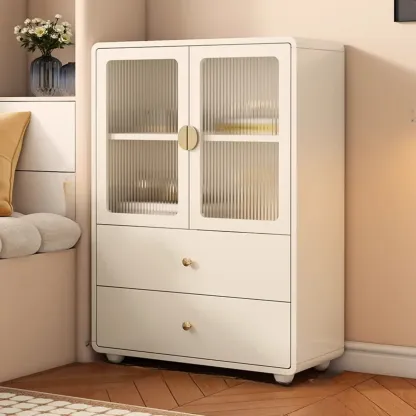 Spacious 2 Drawers White Glass Door Wood Bookshelves Image - 6