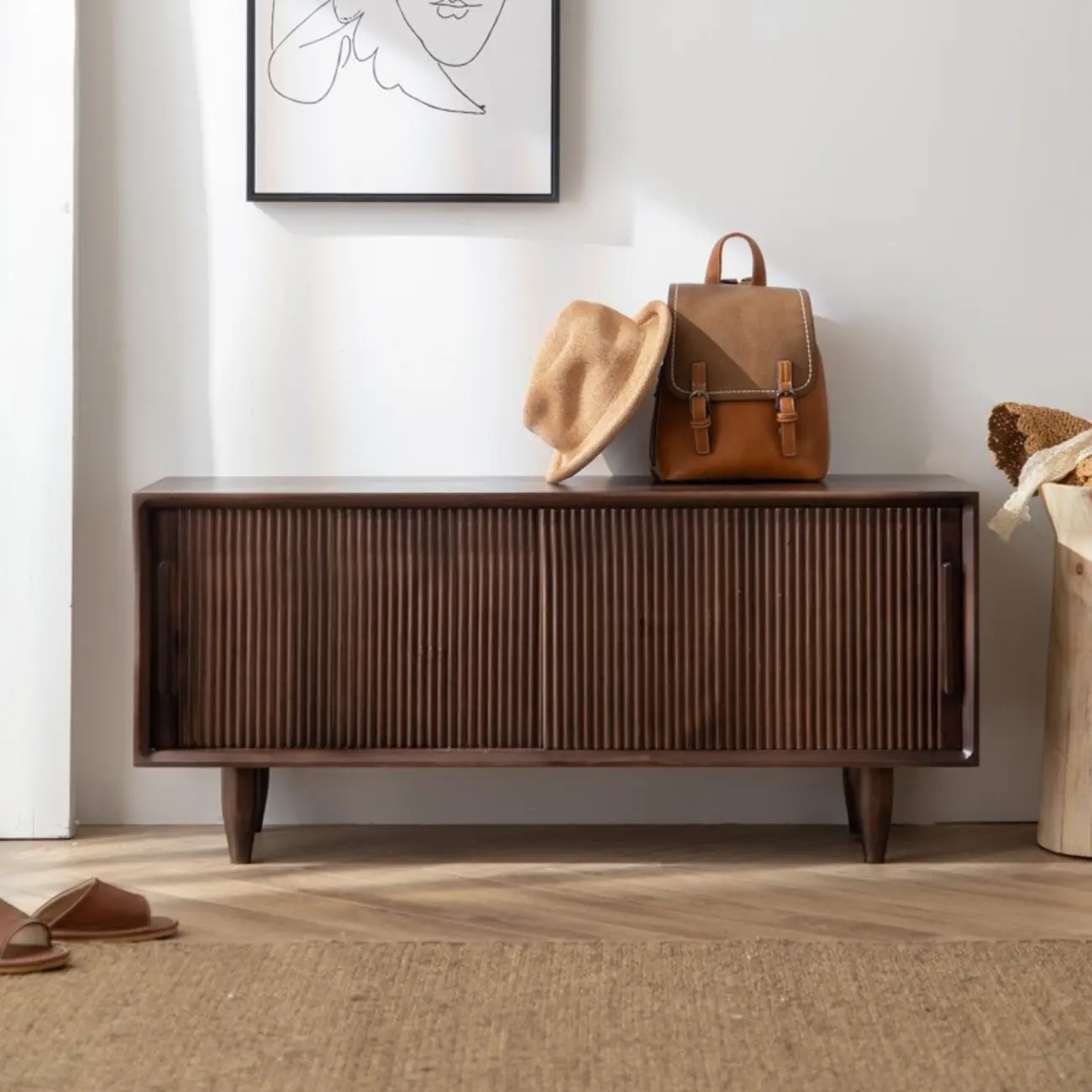 Entryway Walnut Wooden Shoe Bench with Sliding Doors Image - 1 | homeyfad