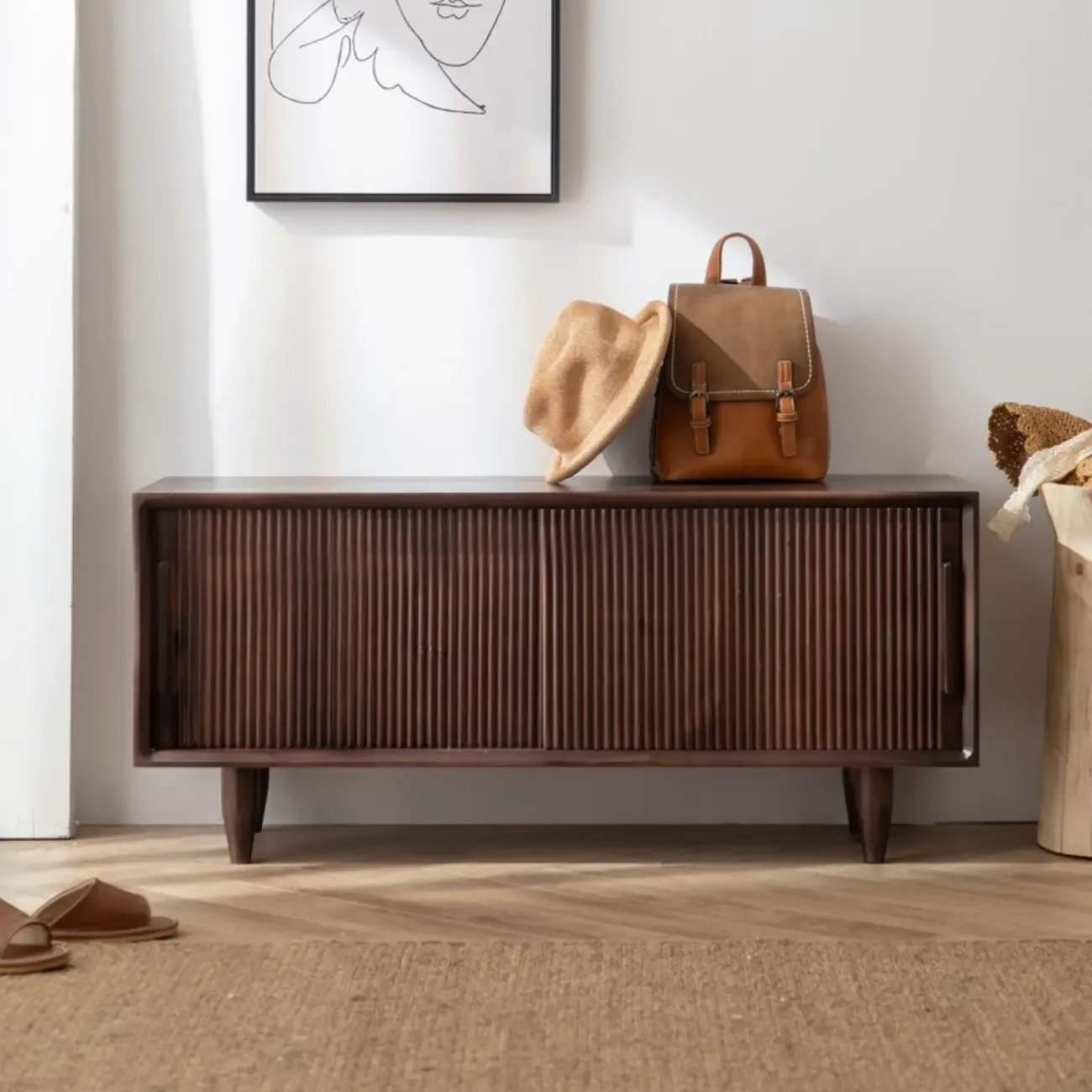 Entryway Walnut Wooden Shoe Bench with Sliding Doors Image - 1