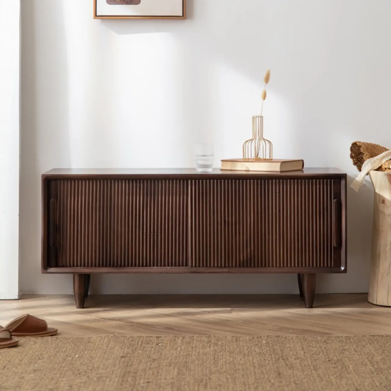 Entryway Walnut Wooden Shoe Bench with Sliding Doors Image - 3 | homeyfad