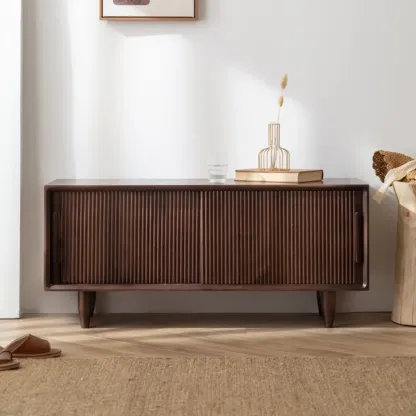 Entryway Walnut Wooden Shoe Bench with Sliding Doors Image - 3