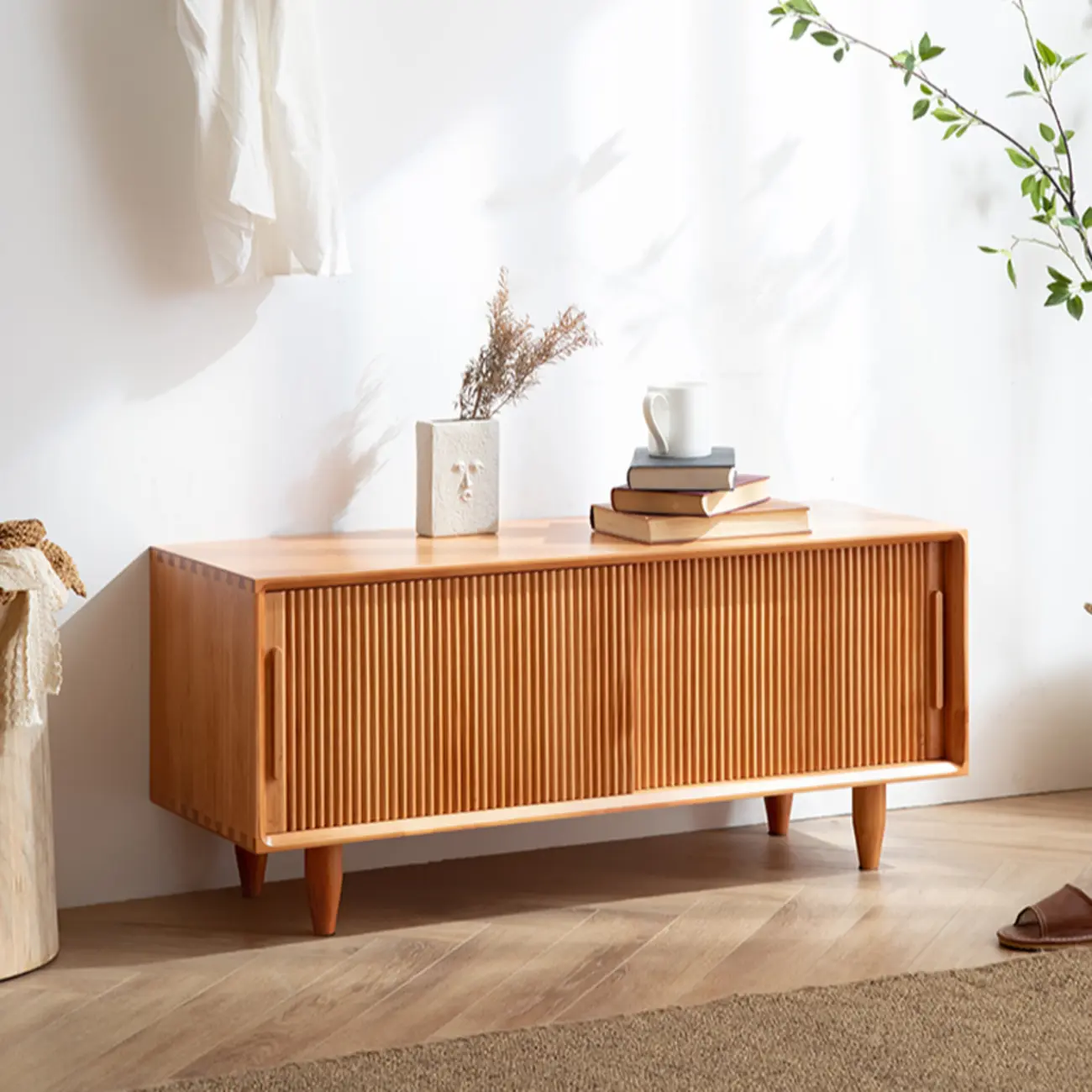 Entryway Walnut Wooden Shoe Bench with Sliding Doors Image - 2 | homeyfad