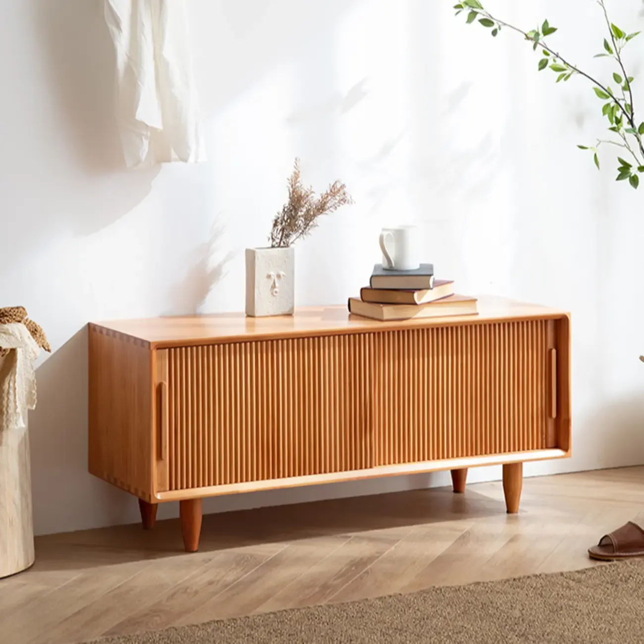 Entryway Walnut Wooden Shoe Bench with Sliding Doors Image - 2