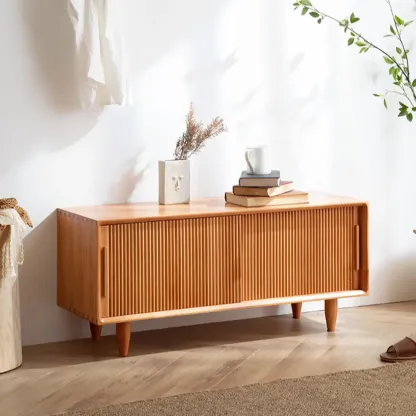 Entryway Walnut Wooden Shoe Bench with Sliding Doors Image - 2