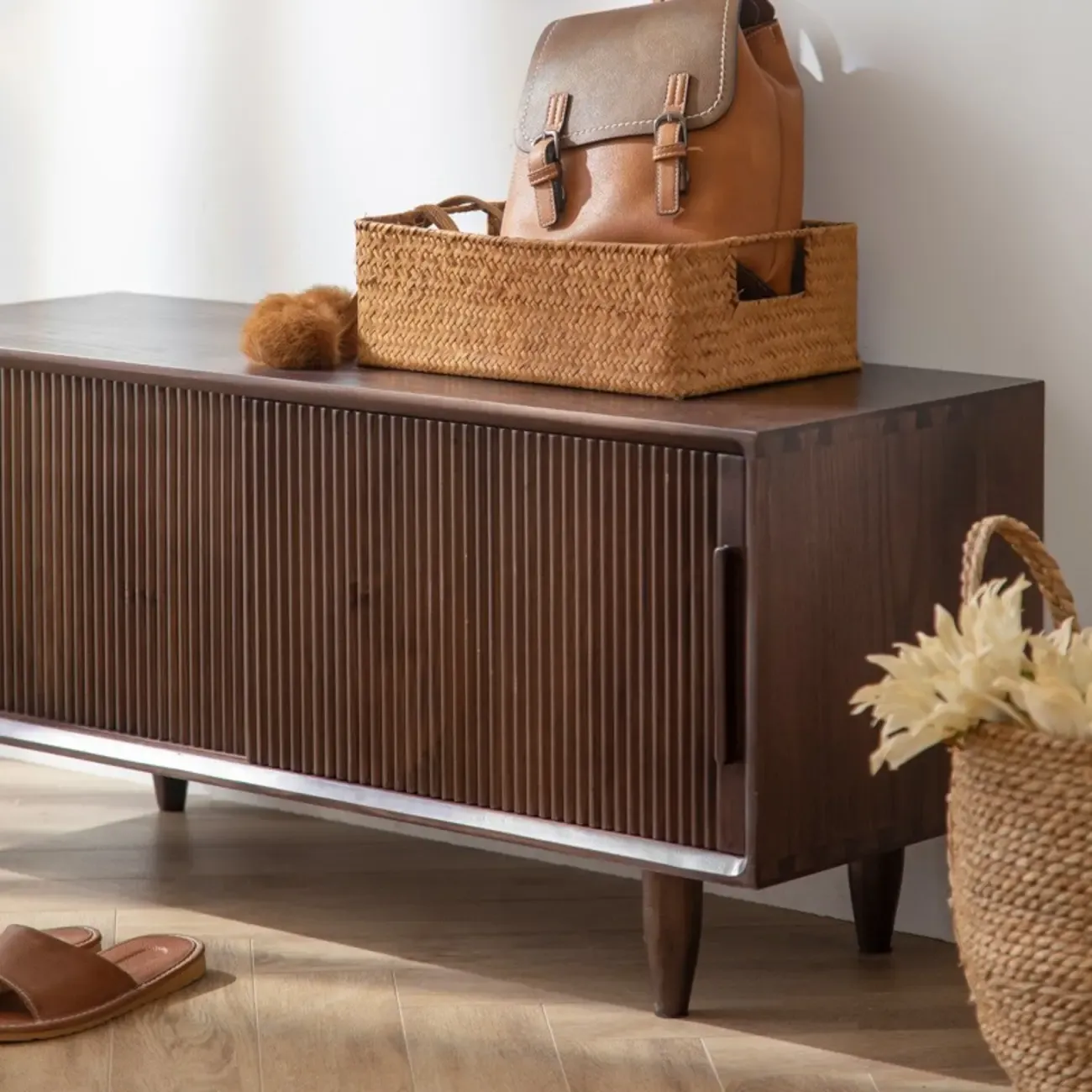 Entryway Walnut Wooden Shoe Bench with Sliding Doors Image - 6