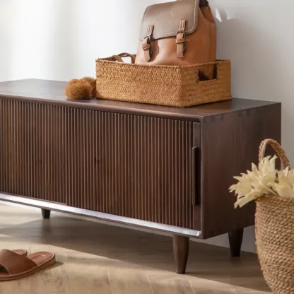 Entryway Walnut Wooden Shoe Bench with Sliding Doors Image - 6