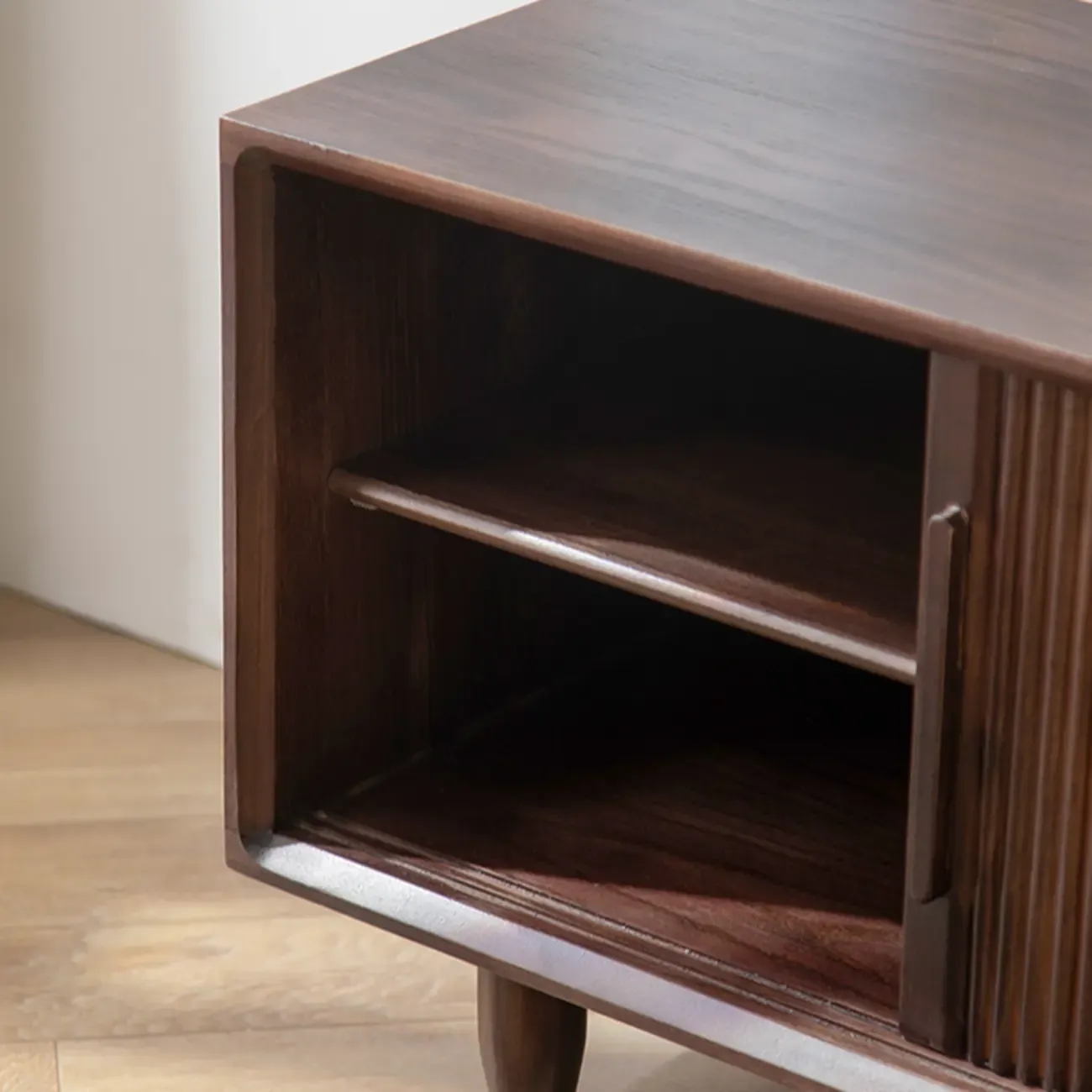 Entryway Walnut Wooden Shoe Bench with Sliding Doors Image - 7