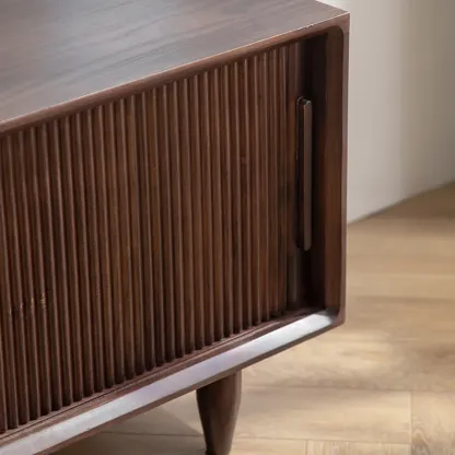 Entryway Walnut Wooden Shoe Bench with Sliding Doors Image - 9