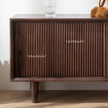 Entryway Walnut Wooden Shoe Bench with Sliding Doors Image - 8