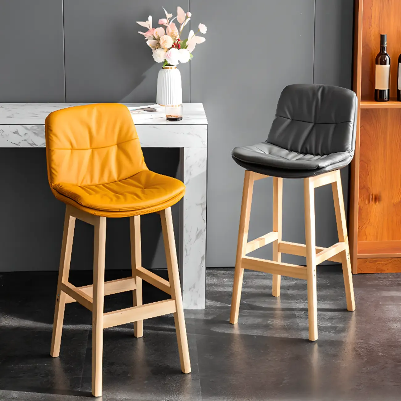 Saddle Upholstered Wood Leather Bar Stools with Backs Image - 1