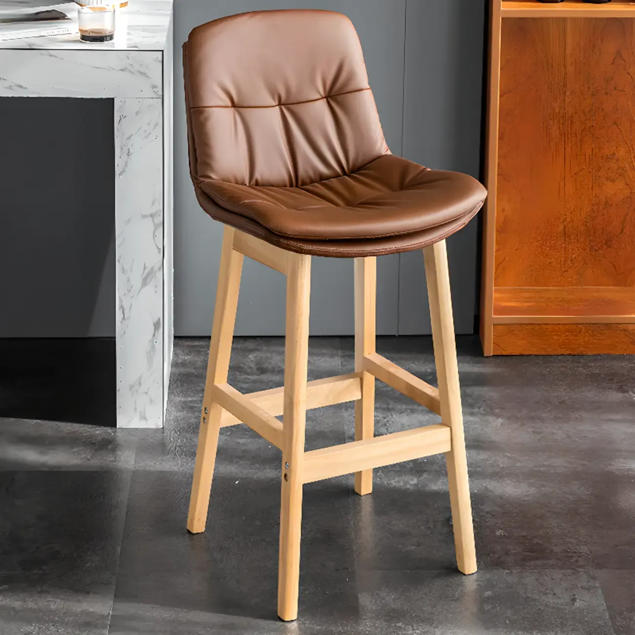 Saddle Upholstered Wood Leather Bar Stools with Backs Image - 6