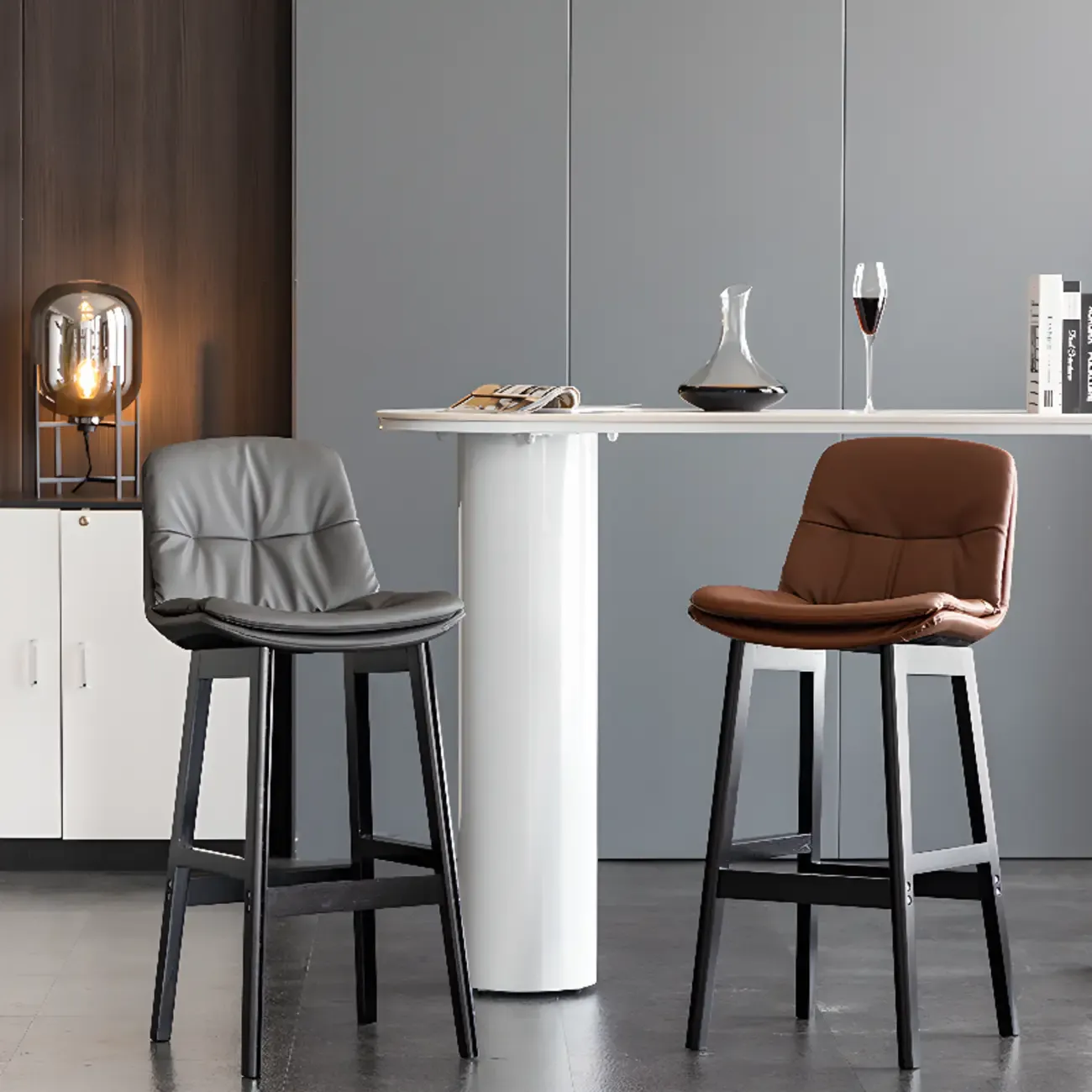 Saddle Upholstered Wood Leather Bar Stools with Backs Image - 3