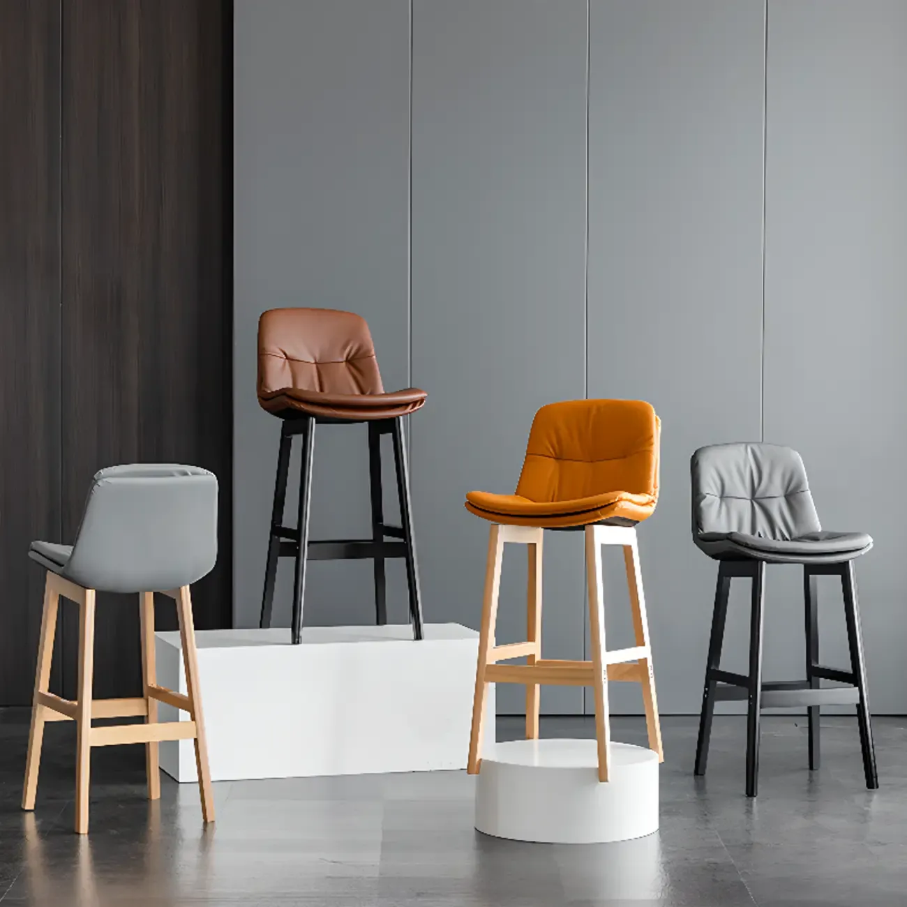 Saddle Upholstered Wood Leather Bar Stools with Backs Image - 4